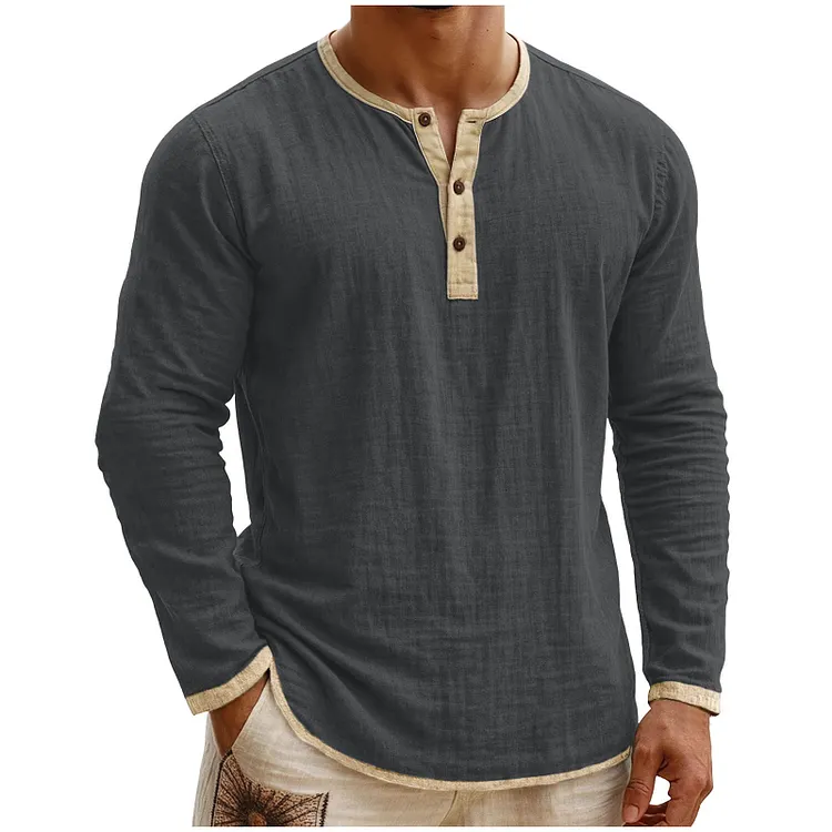 Men's Retro Color-blocked Henley Collar Cotton-linen Long-sleeved Shirt