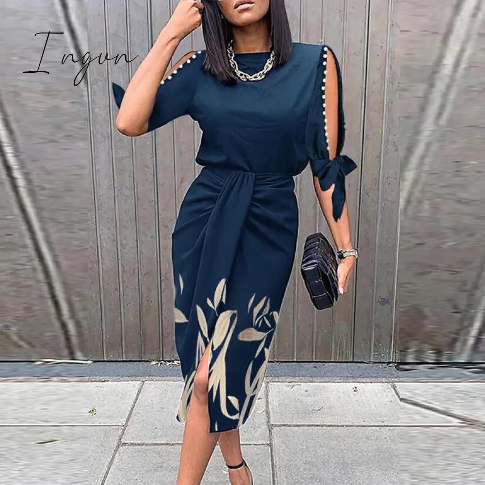 Ingvn - Vintage Print Elegant Women Folds Slim Dress Casual Hollow Out Patchwork Half Sleeve Female