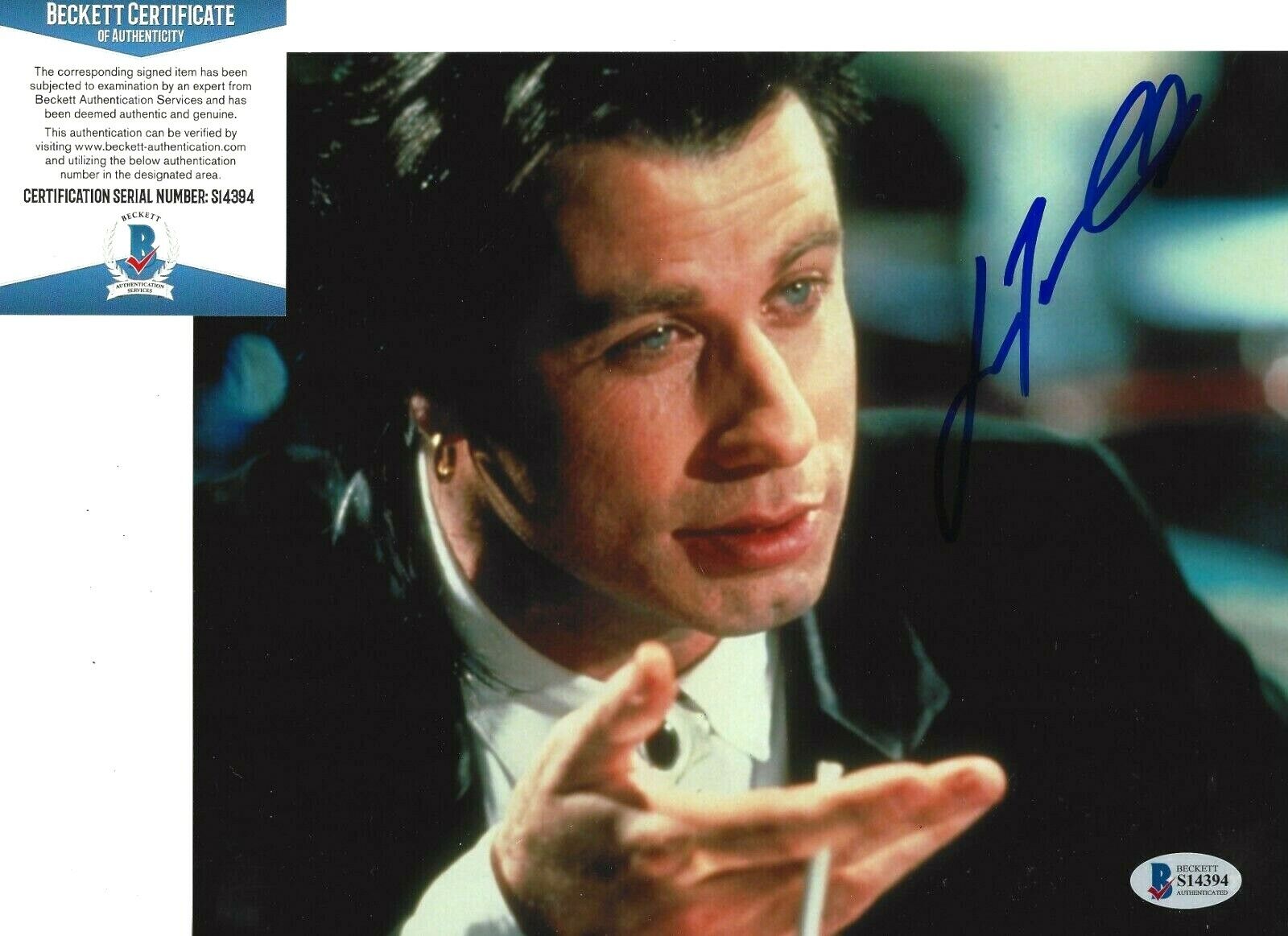 JOHN TRAVOLTA SIGNED 'PULP FICTION' VINCENT 8x10 MOVIE Photo Poster painting 7 BECKETT BAS COA