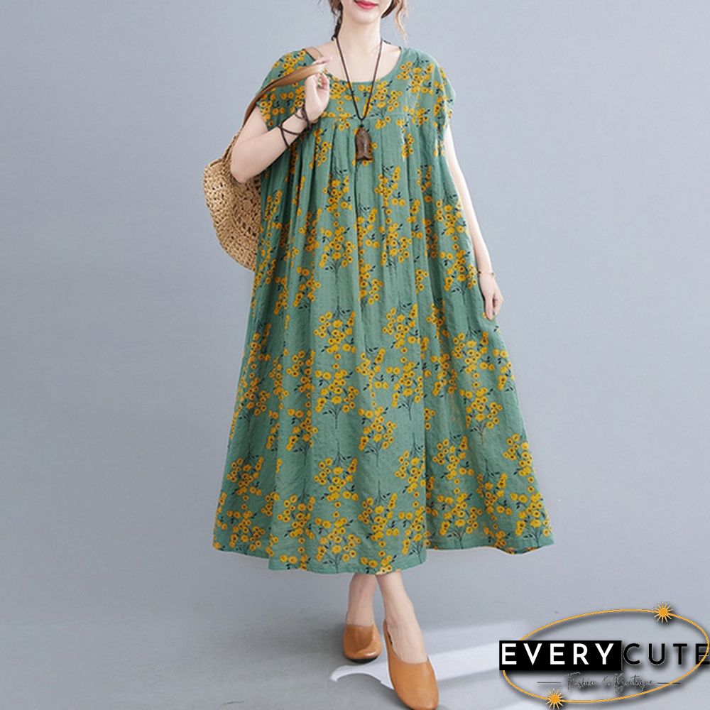 Women Summer Short Sleeve Crew Neck Loose Baggy Floral Printed Long Midi Shirt Dress Holiday Plus