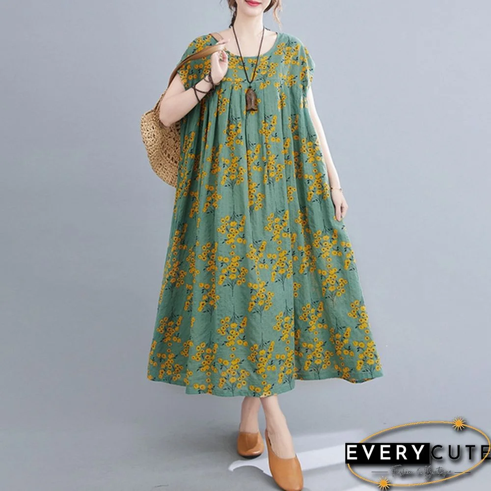 Women Summer Short Sleeve Crew Neck Loose Baggy Floral Printed Long Midi Shirt Dress Holiday Plus