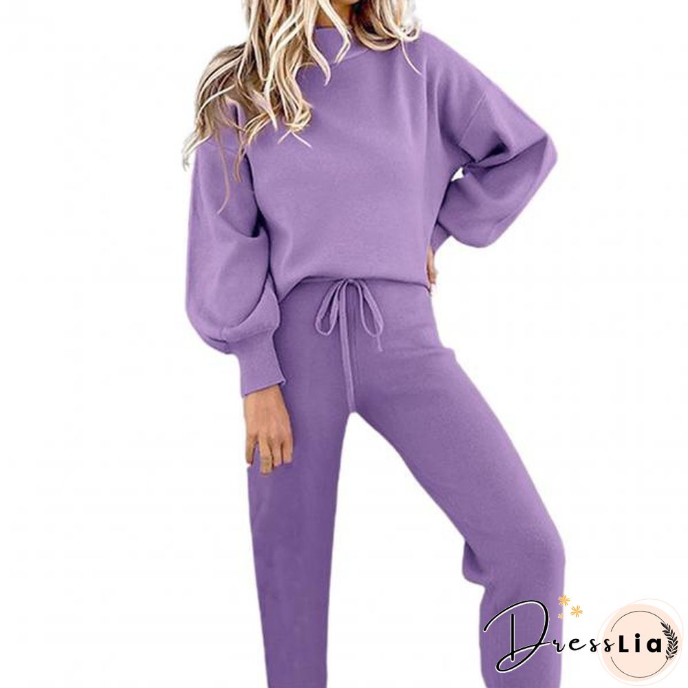 Women Outfit Pocket Thick Solid Color Loose Pullover Pants Set For Office