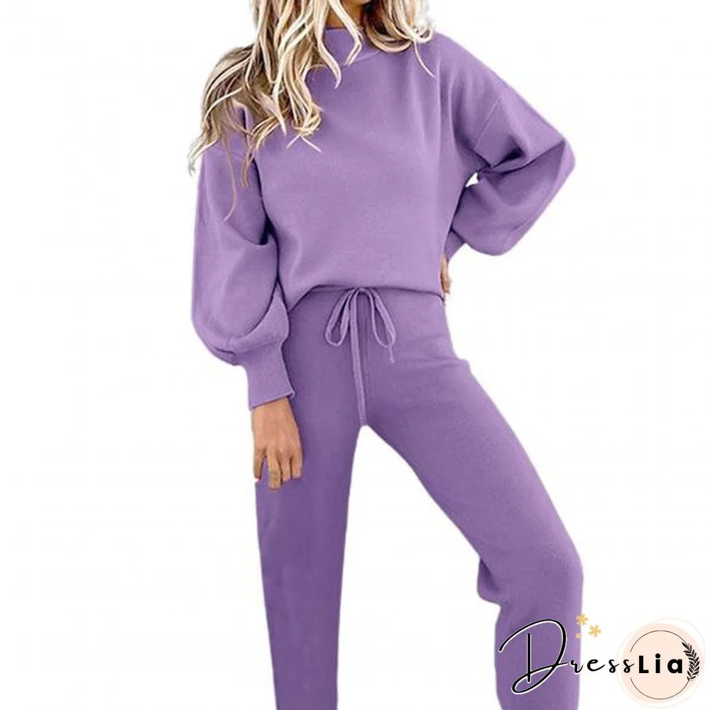 Women Outfit Pocket Thick Solid Color Loose Pullover Pants Set For Office