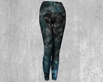 Pornhint Leggings Tights Yoga Pants, Foldover Leggings Blue Flame Skull - Dawn Mercer Designer Wear