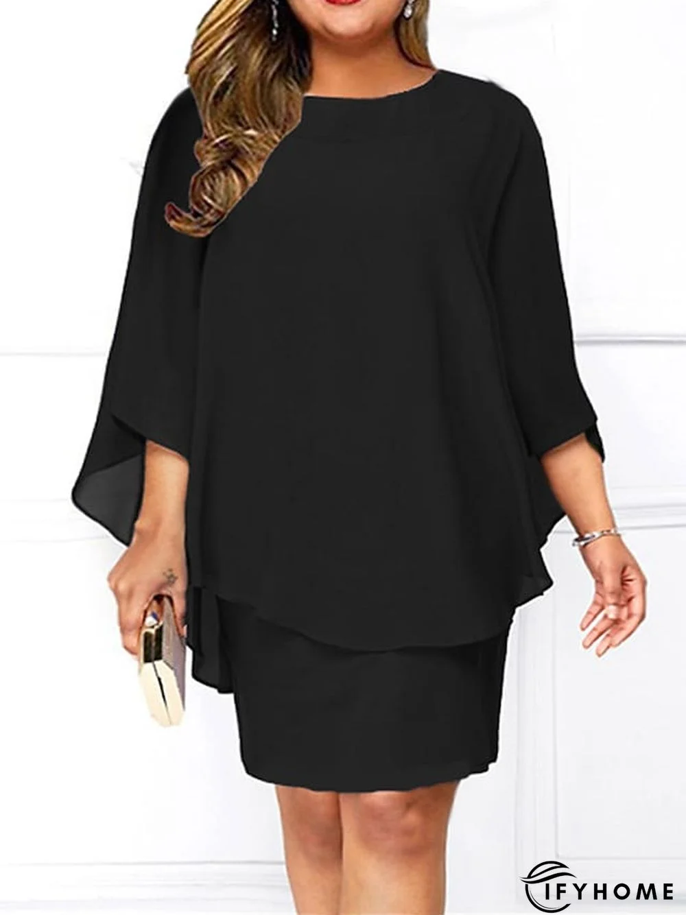 Women's Plus Size Work Dress Shift Dress Chiffon Dress Solid Color Midi Dress 3/4 Length Sleeve Fake two piece Crew Neck Basic Office Black Wine Spring Summer L XL XXL 3XL 4XL | IFYHOME