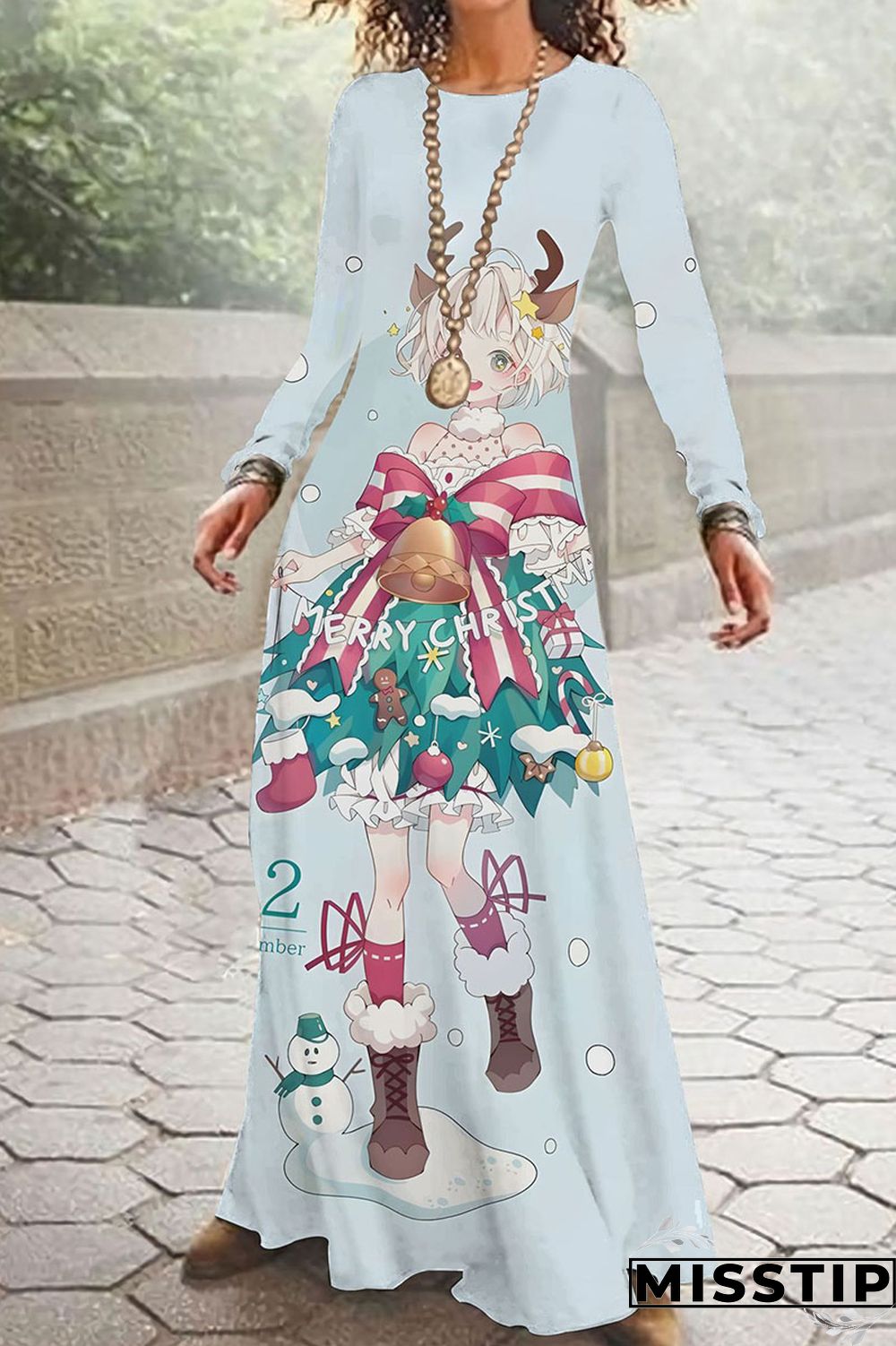 Light Blue Casual Print Patchwork O Neck A Line Dresses