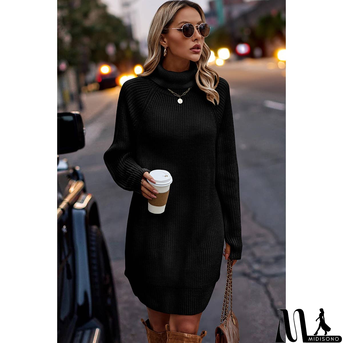 MidiSono - Thick Knit Roll Neck Solid Loose Fit Sweater Dress