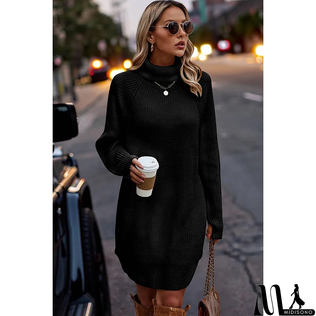 MidiSono - Thick Knit Roll Neck Solid Loose Fit Sweater Dress
