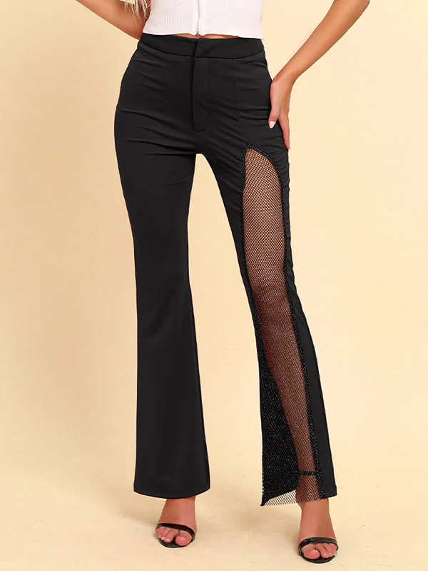 Zipper Split-Joint Mesh Asymmetric High Waisted Pants Flared Trousers