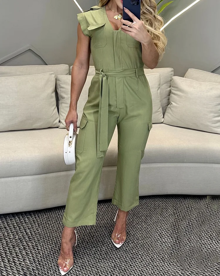 Sleeveless solid color strappy jumpsuit
