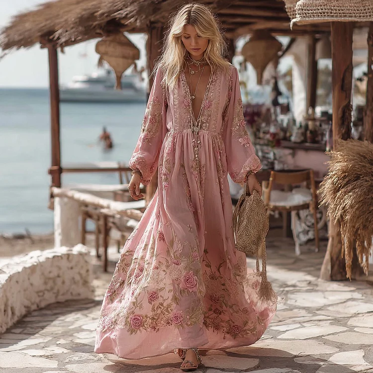 Women's Bohemian Style Rose Long-sleeved V-neck Dress
