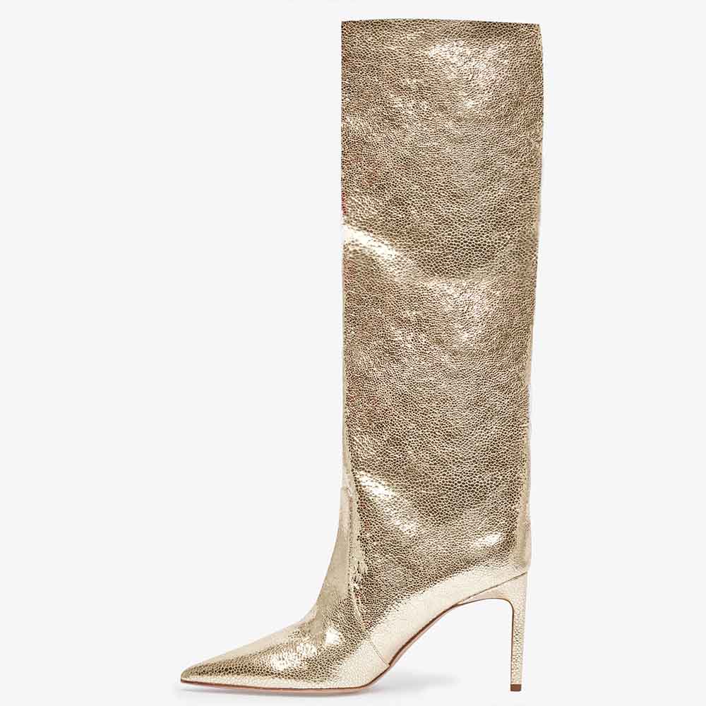 Gold Metallic Pointed Toe Stiletto Heel Wide Calf Knee High Boots Nicepairs