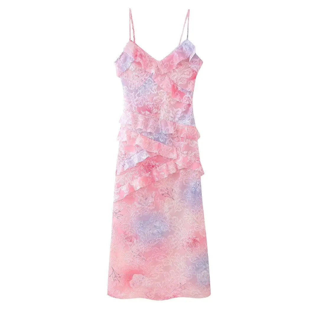 Aiertu 2024 Summer New Women's French Retro V-neck Sleeveless Printed Ruffle Edge Decorative Slim Fit Hanging Strap Dress Aiertu