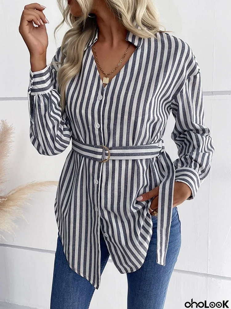 Striped Curved Hem Belted Shirt