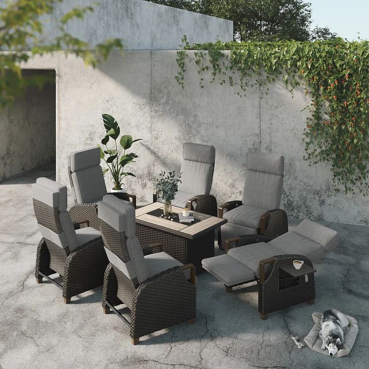 outdoor table with reclining chairs