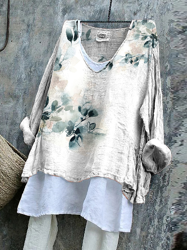 Comstylish Vintage Floral Art Cotton Linen V Neck Casual Shirt