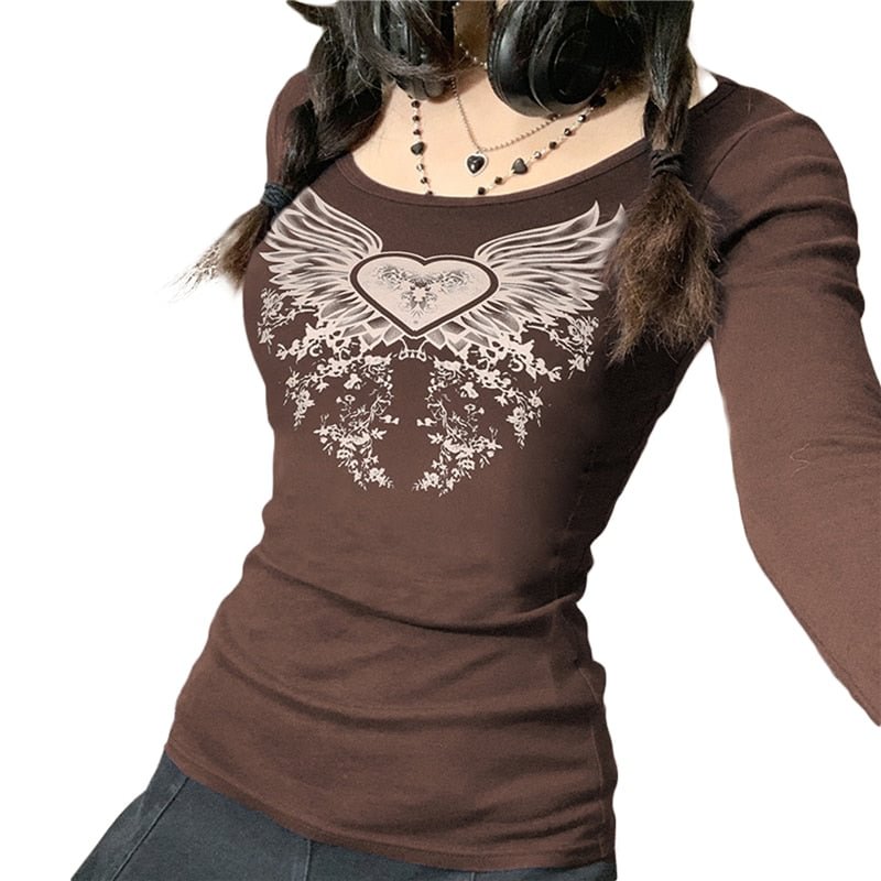 Xingqing Fairycore Grunge Print Hooded T Shirt Vintage Aesthetic V Neck Long Sleeve Autumn Tops Women Tie Dye E Girl Hoodie Tees