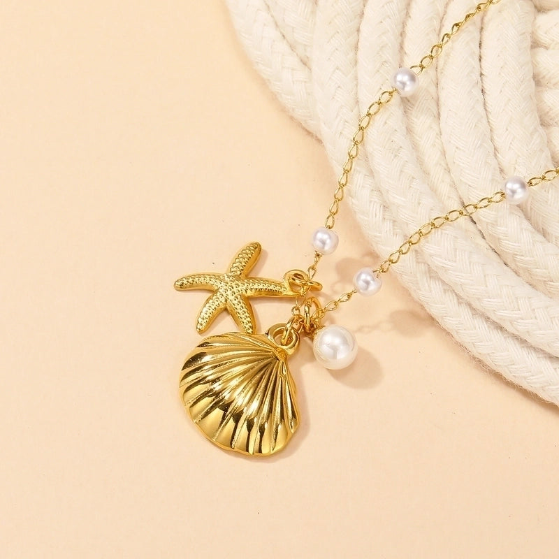 Basic Streetwear Starfish Shell Titanium Steel Artificial Pearls 18K Gold Plated Inlay Pendant Necklace