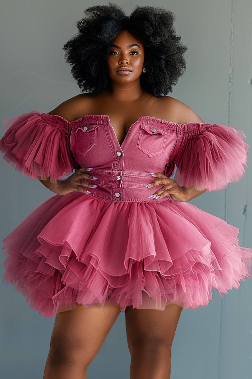 Xpluswear Design Plus Size Party Tulle Blue Off The Shoulder Short Sleeve Pleated Contrast Denim Mini Dresses [Pre-Order]