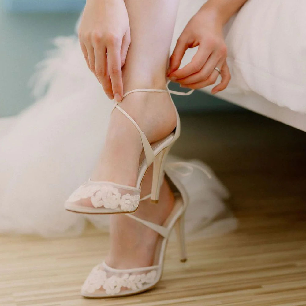 Ivory Lace Pointed Toe 3'' Stiletto Heel Criss-Cross Lace-Up Pumps Nicepairs