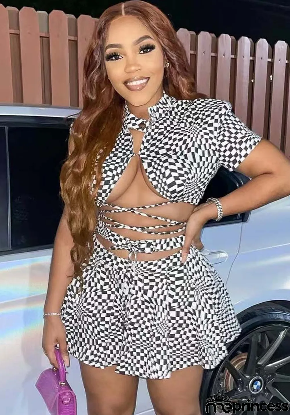 Women Summer Black Casual Stand Collar Short Sleeves High Waist Plaid Print Lace Up Regular Two Piece Shorts Set