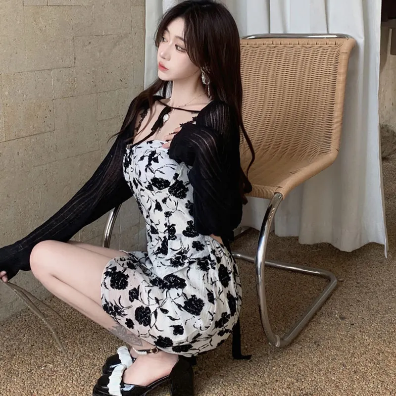 Floral Print Slip Dress Lace Up Cardigan Two Pieces