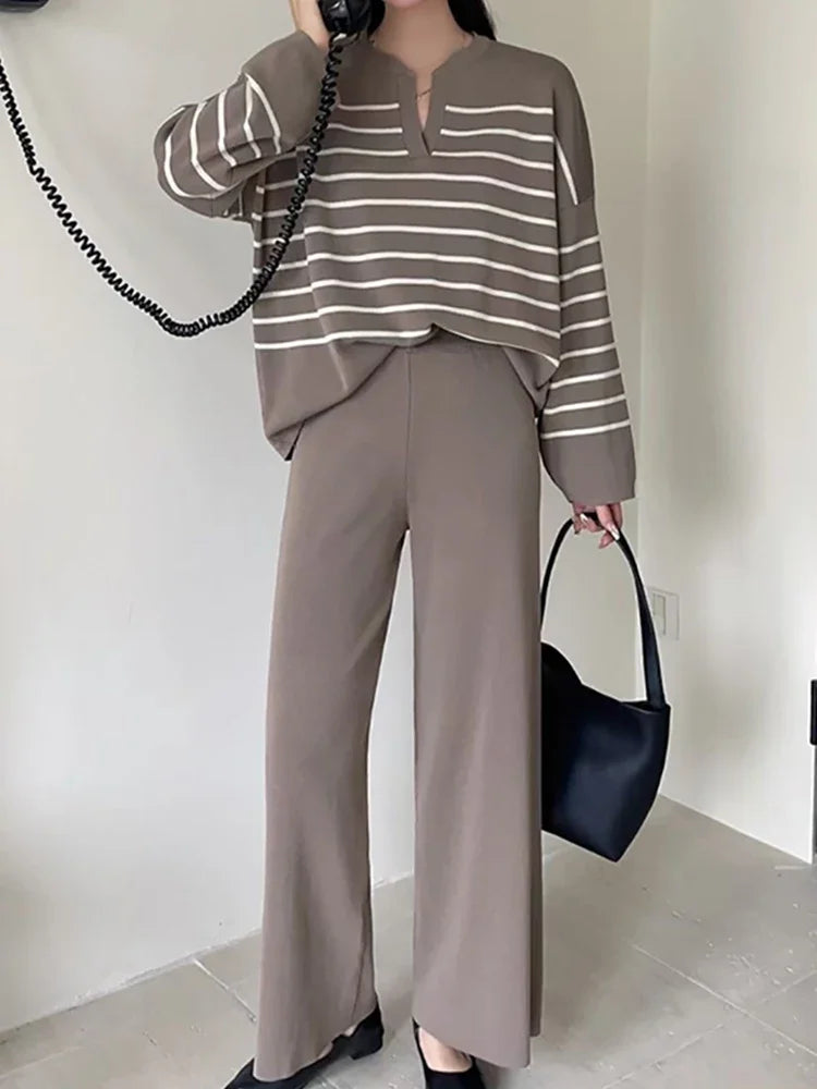 Women Casual Knit Two Piece Set Striped Long Sleeve Loose Pullover Sweater and Pants Fall Sets Office Winter Women Outfit Aiertu