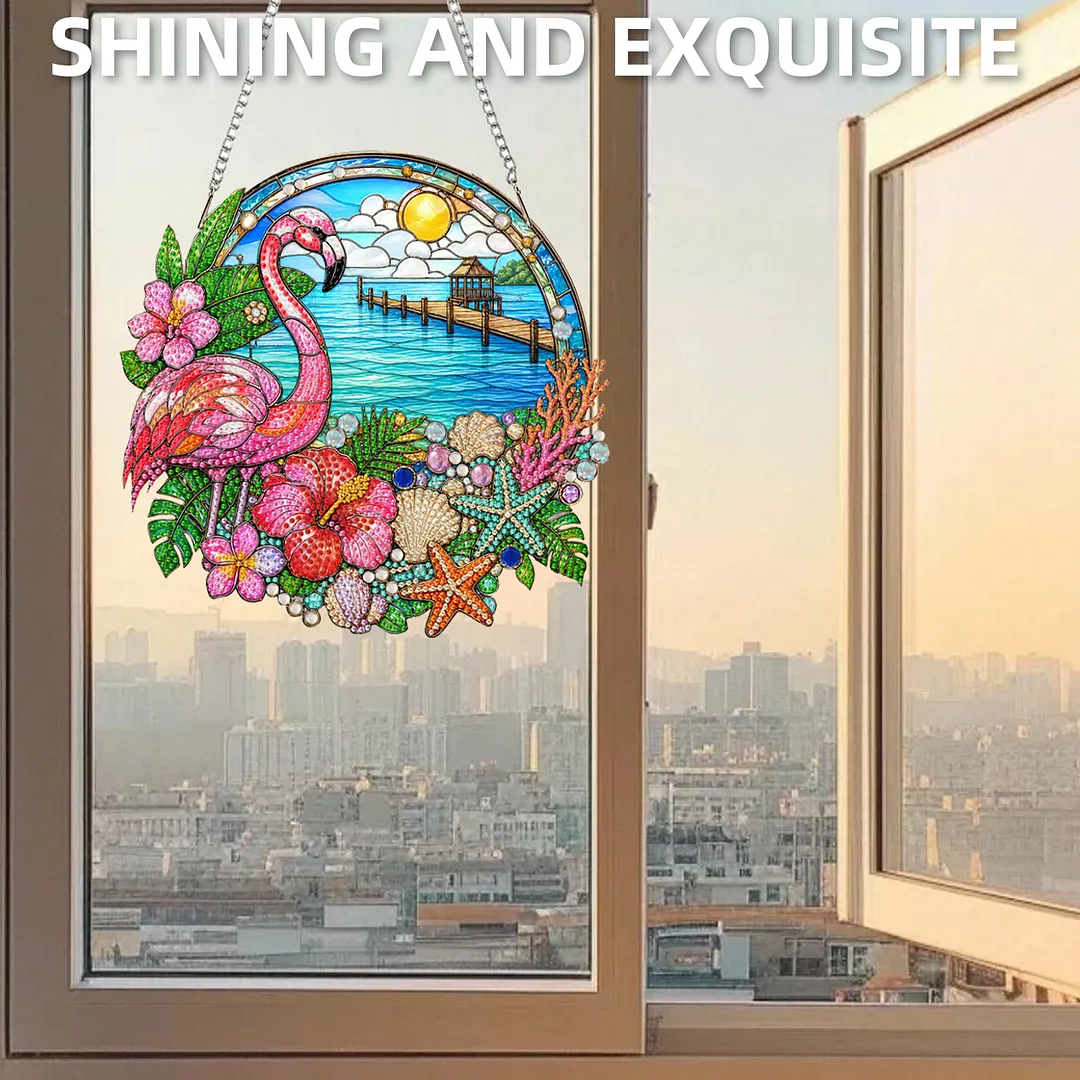 Flamingo Beach Scene 2D Flat DIY PET Diamond Painting Pendant Special Shape Hanging Gem Art Paintings Charm Single Side Drill for Adults Home Wall Window Decor