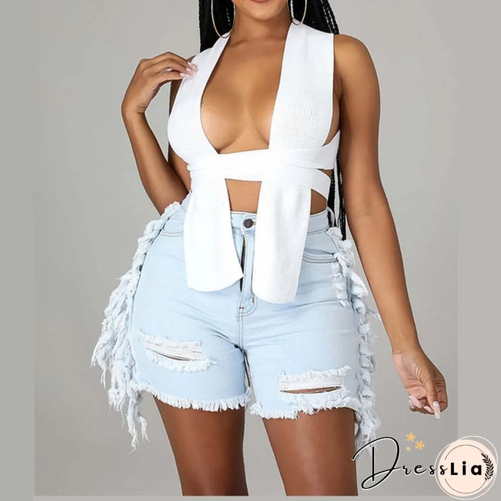 New Tassel Denim Short Women Street Fashion Stretch Ripped Denim Shorts