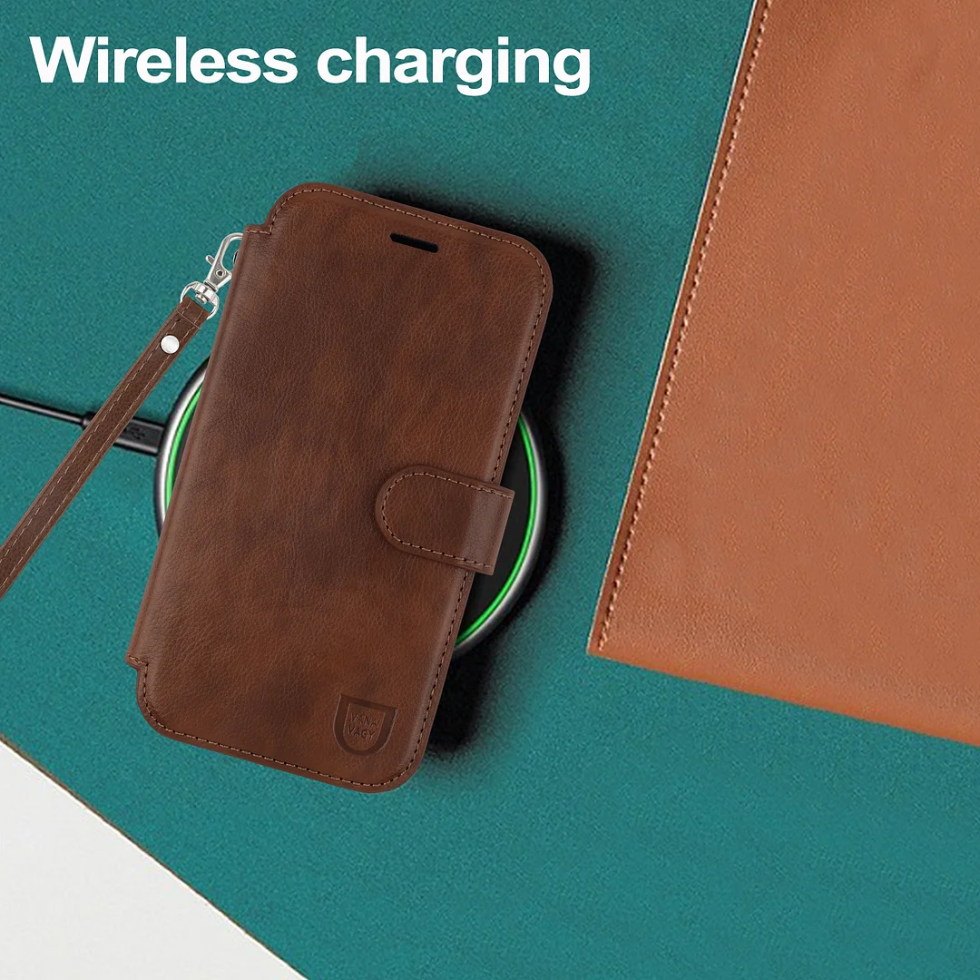 VANAVAGY Compatible for iPhone 16 Wallet Case for Magsafe Wireless Charging,Leather Flip Folio Wrist [Glass Screen Protectors & Camera Lens Protectors] with RFID Block Card Holder
