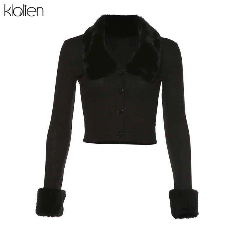 KLALIEN autumn female coat solid black stretch Slim knitting top women Soft fur collar design casual high street coat 2020
