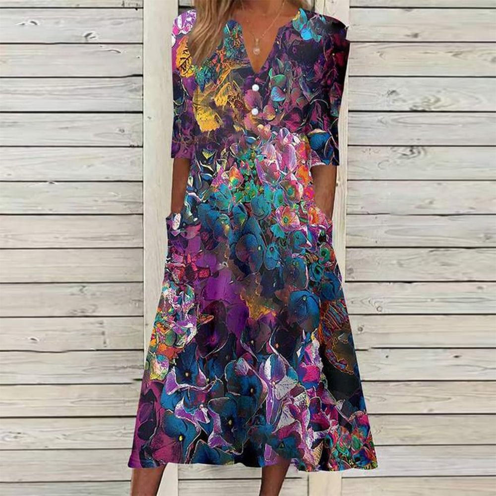 Purple V-Neck 3/4 Sleeve Midi Dress