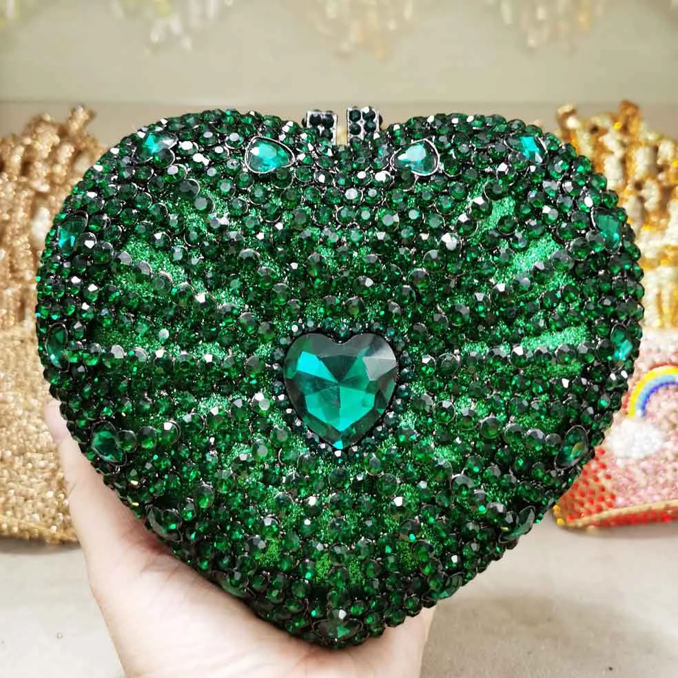 Newest Designer Heart Shape Crystal Clutch Bags Green Silver Party Purse Wedding Evening Bags Handbags SM71