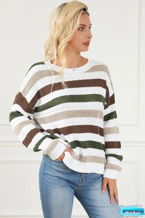 Striped Openwork Dropped Shoulder Sweater