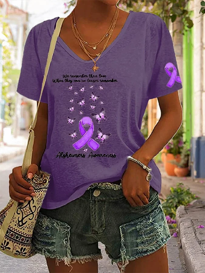 Women's Alzheimer Disease Butterfly Purple Ribbon Alzherimers Awareness Support V-Neck Tee socialshop
