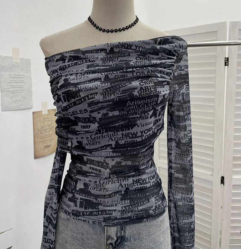 Nigikala Nigikala Tie-Dye-Print Mesh Folded Long-Sleeved T-Shirt With A Word-Collar Slanted Shoulder-To-Back Short Top 1183