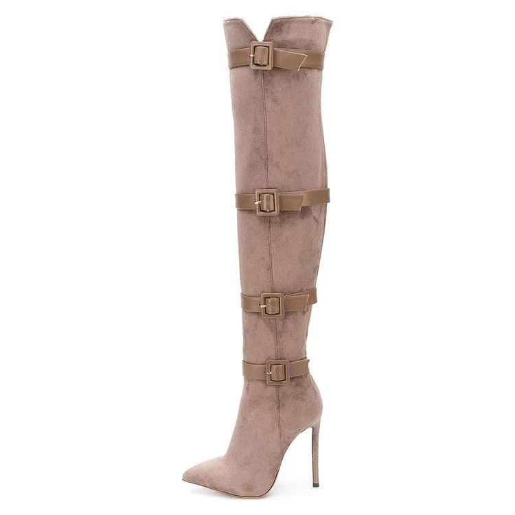 Blush Pointy Toe Stiletto Heel Buckle Long Boots Vdcoo