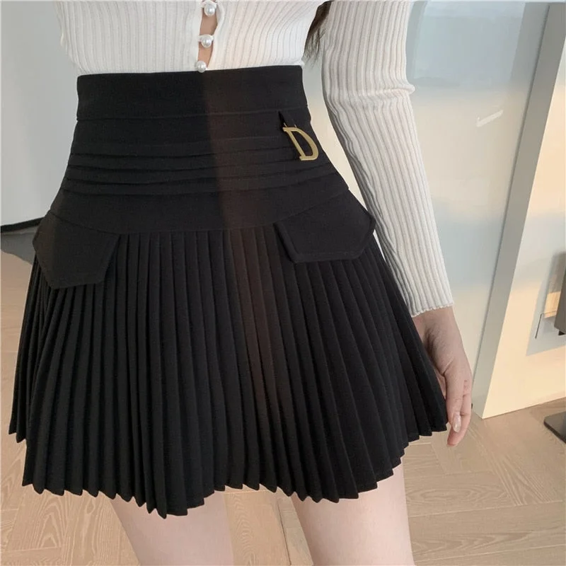 White Pleated Skirts Women High Waist Mini Skirt Metal Letter D Design A-Line Clubwear Korean Sexy Streetwear Show Solid Casual