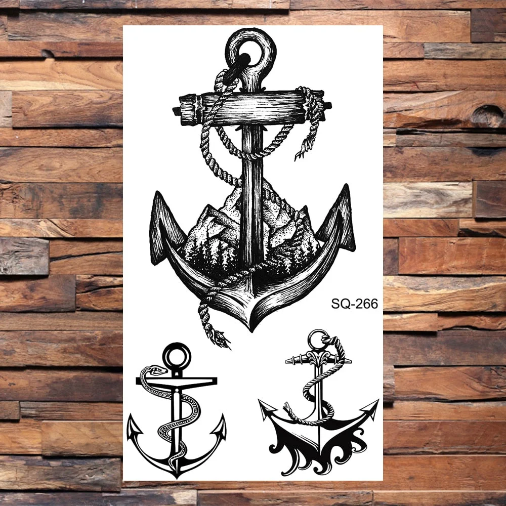 Black Compass Anchor Temporary Tattoos For Adults Men Realistic Pirate Ship Endless Flower Fake Tattoo Sticker Back Arm Tatoos