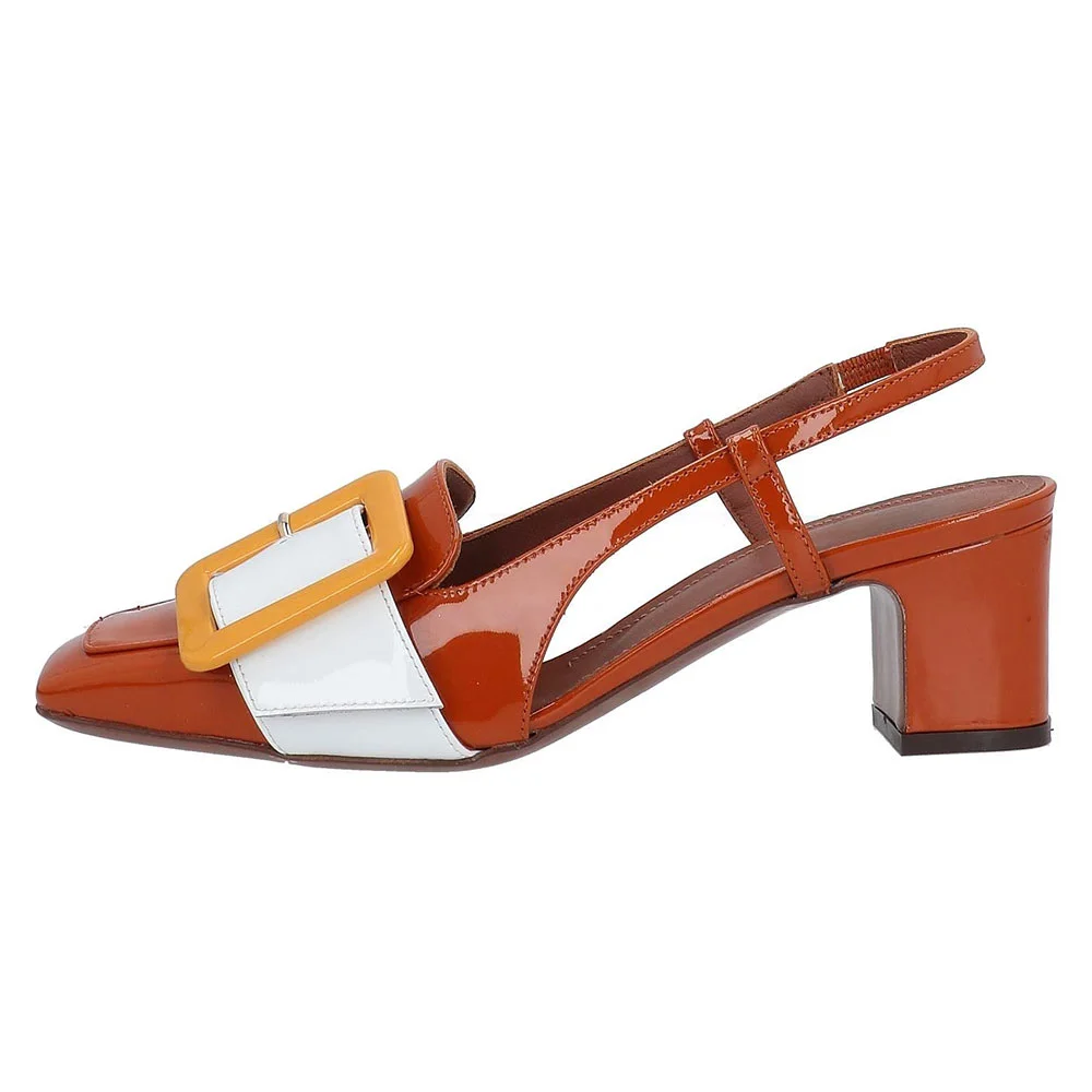 Multicolor Patent Buckle Square Toe Block Heel Slingback Shoes