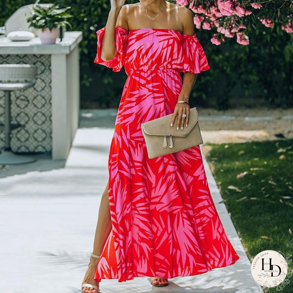 Beach Off Shoulder Red Printed Dress