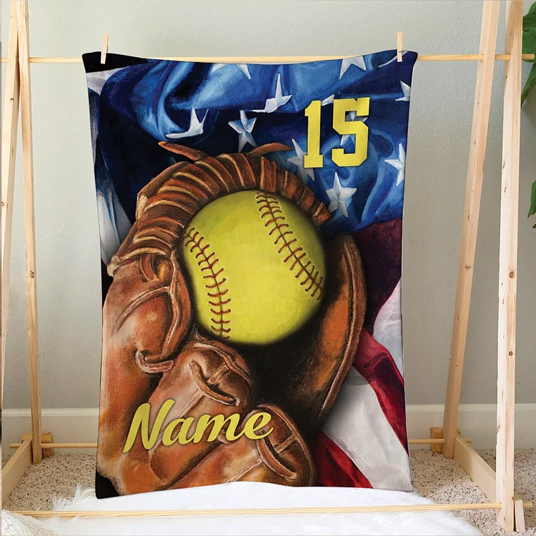 Personalized Softball Blanket, Softball Ball & Glove Soft Cozy Blankets | BKKid439