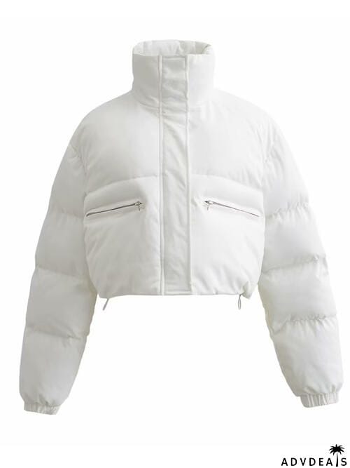 Snap and Zip Closure Drawstring Cropped Winter Coat