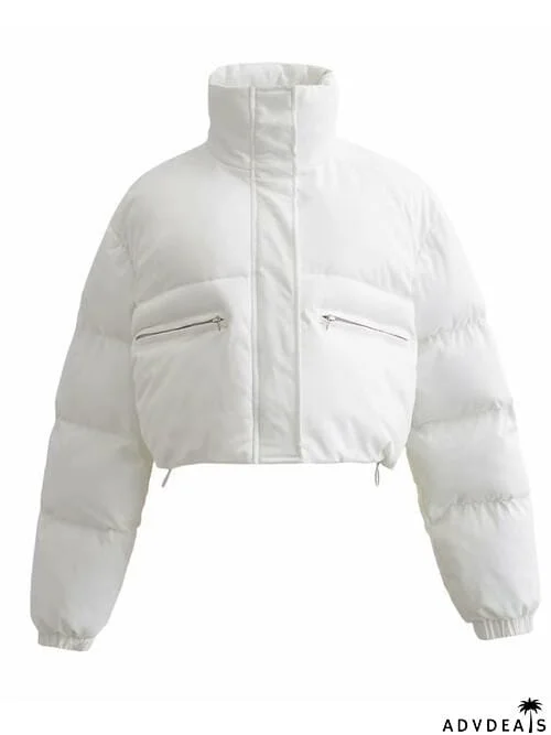 Snap and Zip Closure Drawstring Cropped Winter Coat