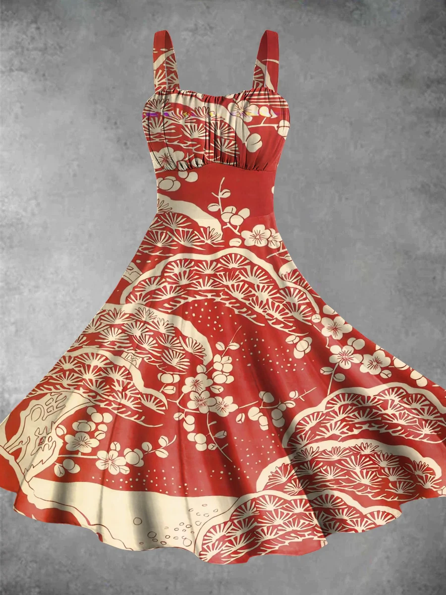 Japanese Classic Plum Blossom Print Casual Midi Dress