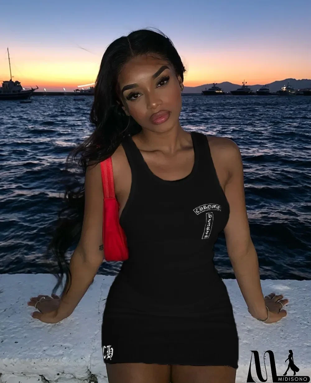 MidiSono - Women Summer Black Casual Strap Sleeveless Printed Ribbed Mini Straight Tank Dress