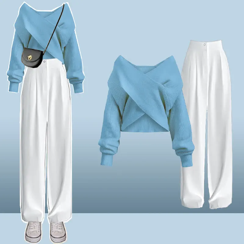 Chic Cross Knit Crop Sweater Casual Suit Pants