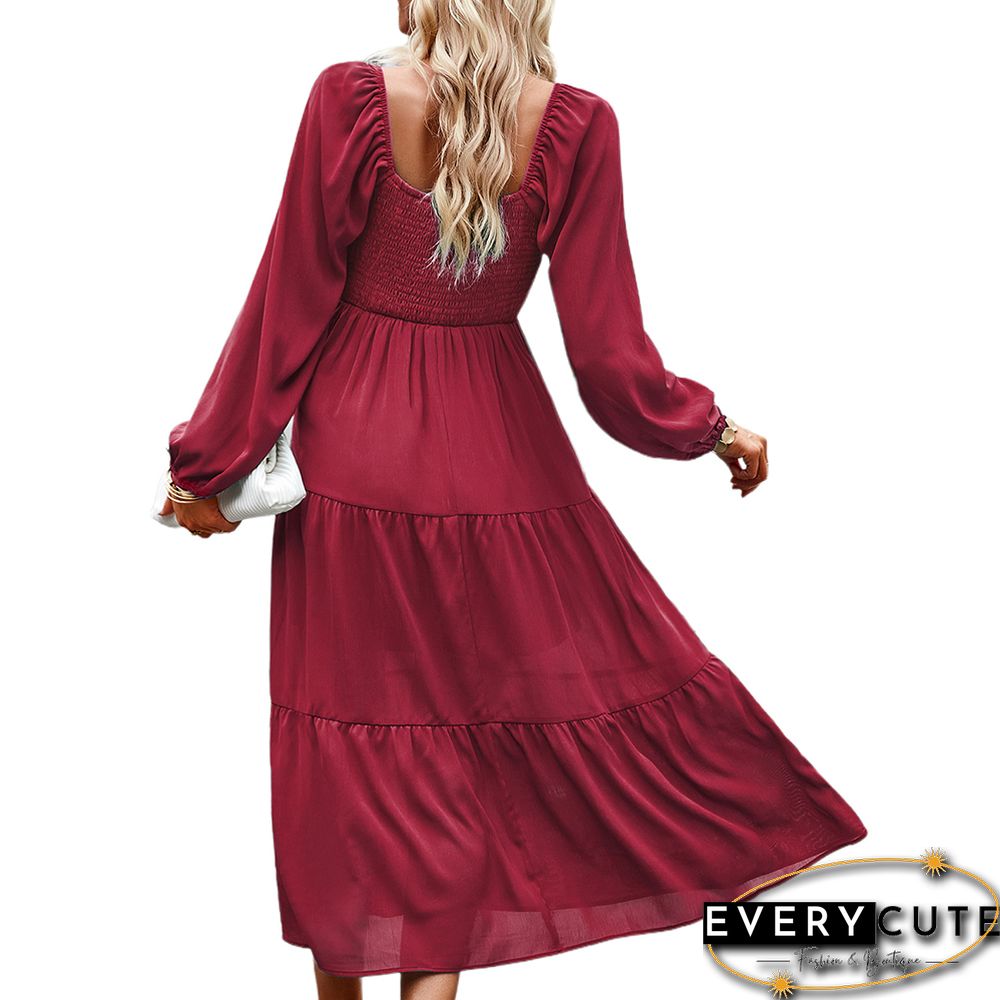 Burgundy Solid Square Neck Pocket Long Sleeve Dress