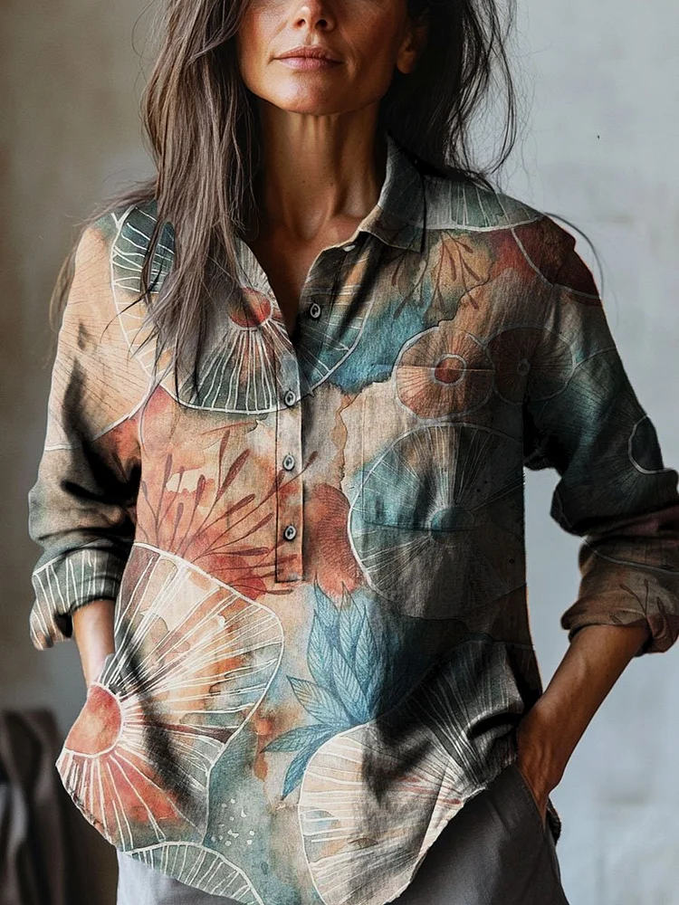 Women's Vintage Botanical Color Art Print Casual Cotton And Linen Shirt
