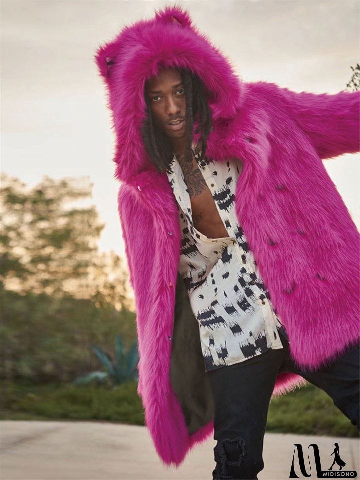 MidiSono - Fashionable Men's Pink Hooded Faux Fur Coat